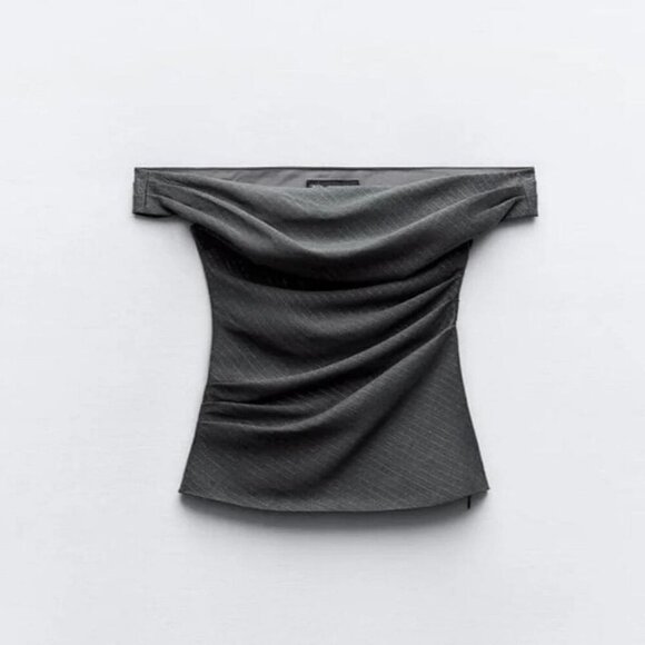 ZARA Grey Silver Pleated Off the Shoulder Pinstripe‎ Crop Top Small - Picture 9 of 14